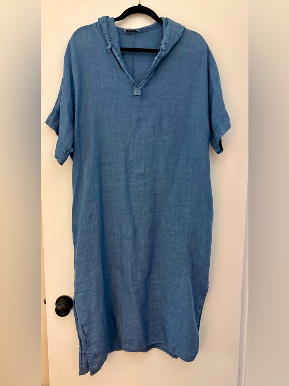Denim Blue 100% pre linen made in Italy hooded O/S oversized casual dress